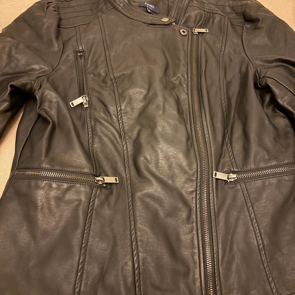 Kaari Blue Black Faux Leather Jacket women's Large biker boho grunge